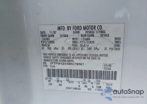 2008 Ford F-150 60Th Anniversary/Fx2/King Ranch/Lariat/Xlt from USA, damaged, VIN 1FTPW12VX8KC19561